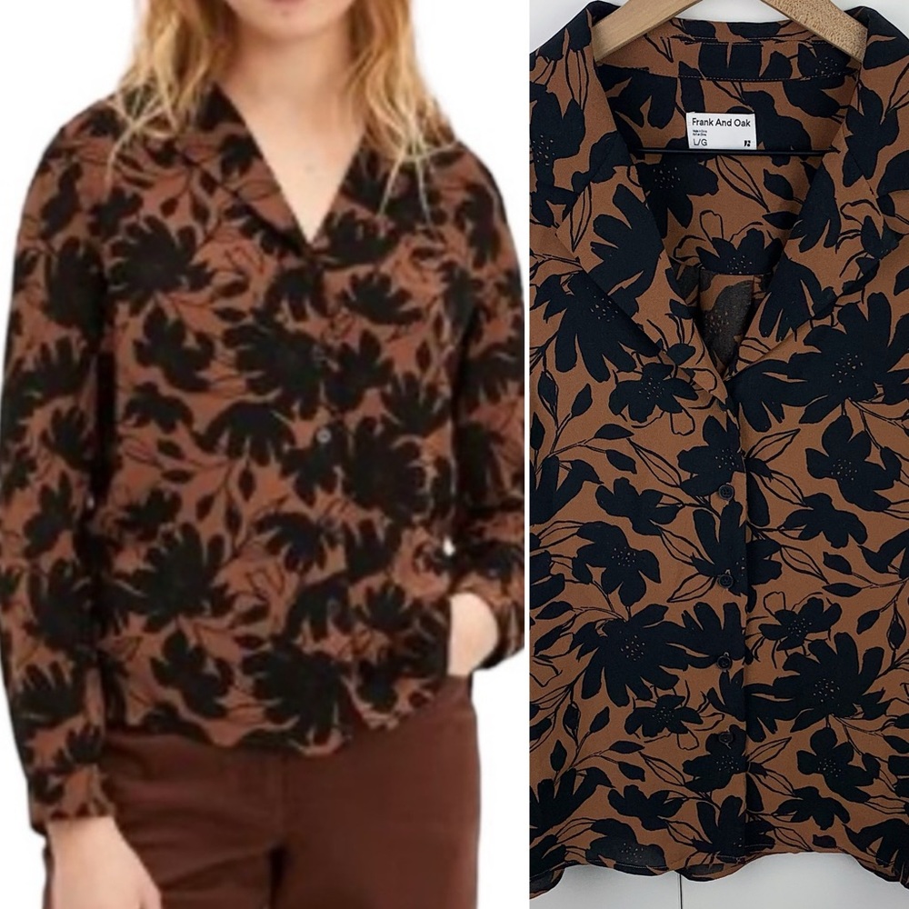 Frank & Oak Floral Tan Brown Black Button Down Long Sleeve Blouse Top Large